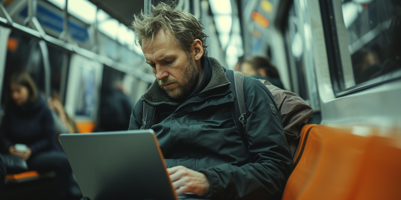 Vad andra ser när jag jobbar på HP Campus En stressad man på tunnelbanan med en dator